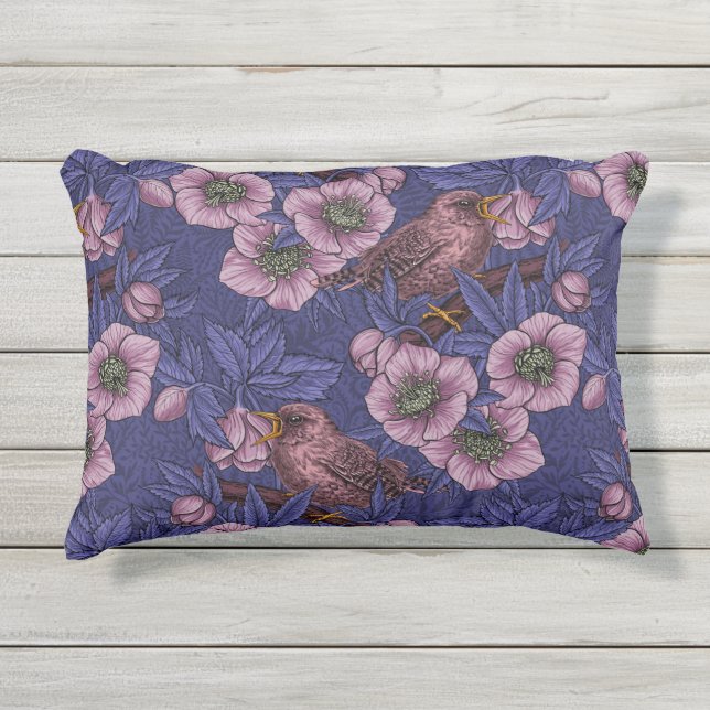 Wren en helleboren, violet en roze buitenkussen (Voorkant)