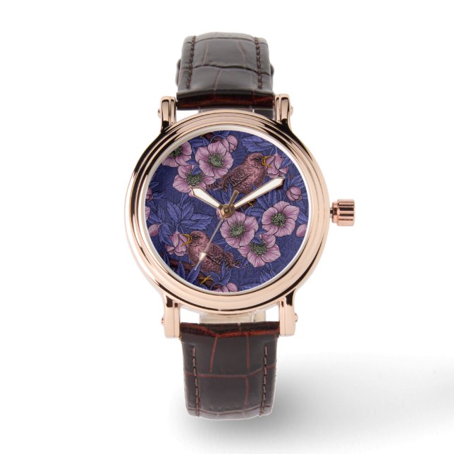 Wren en helleboren, violet en roze horloge (Voorkant)