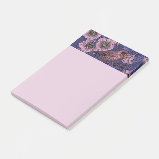 Wren en helleboren, violet en roze post-it® notes (Schuin)