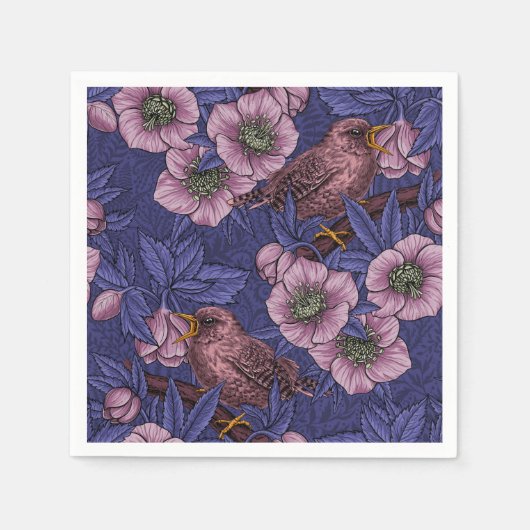 Wren en helleboren, violet en roze servet (Voorkant)