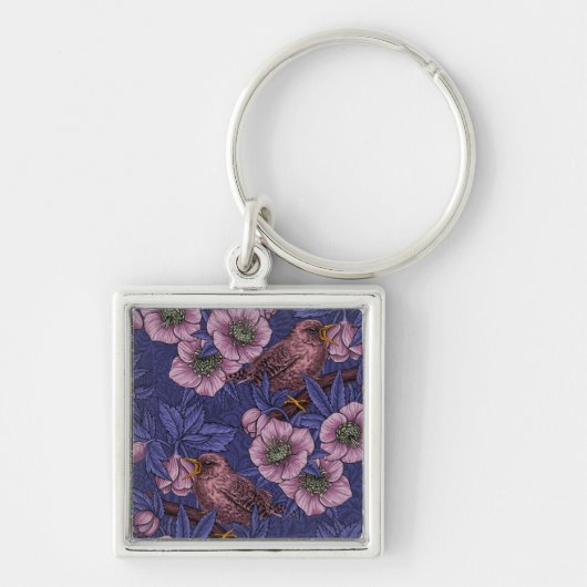 Wren en helleboren, violet en roze sleutelhanger (Voorkant)