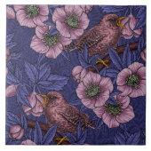 Wren en helleboren, violet en roze tegeltje (Voorkant)