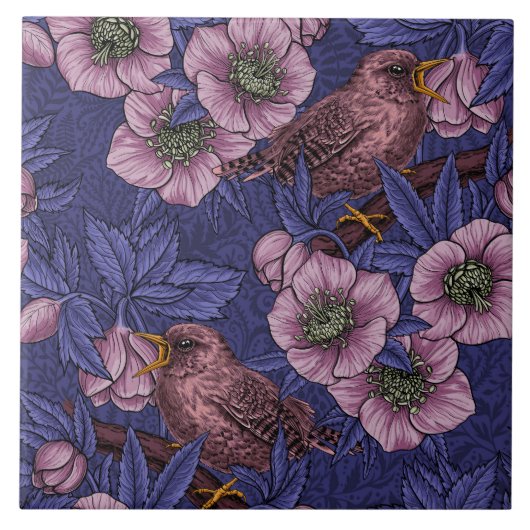 Wren en helleboren, violet en roze tegeltje (Voorkant)