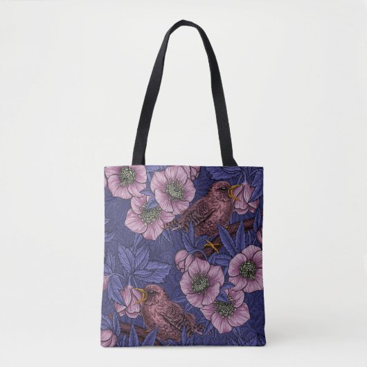 Wren en helleboren, violet en roze tote bag (Voorkant)