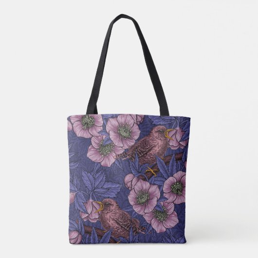 Wren en helleboren, violet en roze tote bag (Achterkant)