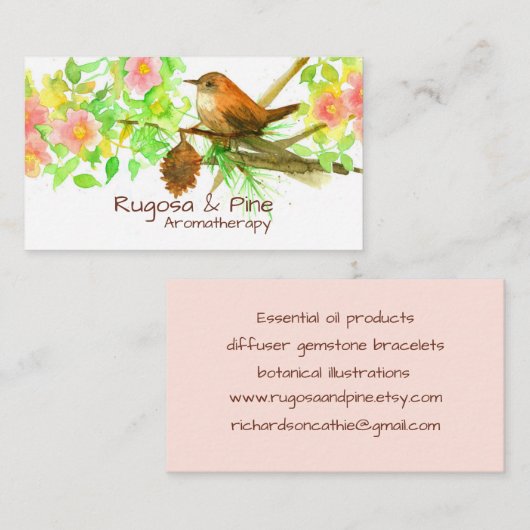 Wren Rugosa Roos Pine Cone Waterverf Botanisch Visitekaartje (Voorkant / Achterkant)