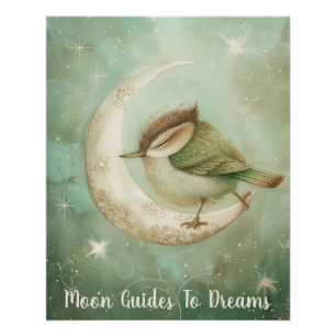 Wren vogel baby slapen op Moon Perfect Poster