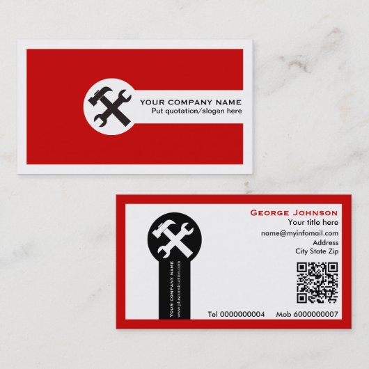 Wrench and hammer handyman construction red visitekaartje (Voorkant / Achterkant)