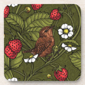 Wrens en aardbeien op donkergroen bier onderzetter (Voorkant)