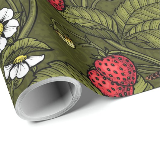 Wrens en aardbeien op donkergroen cadeaupapier (Rol Hoek)