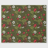 Wrens en aardbeien op donkergroen cadeaupapier (Vlak)