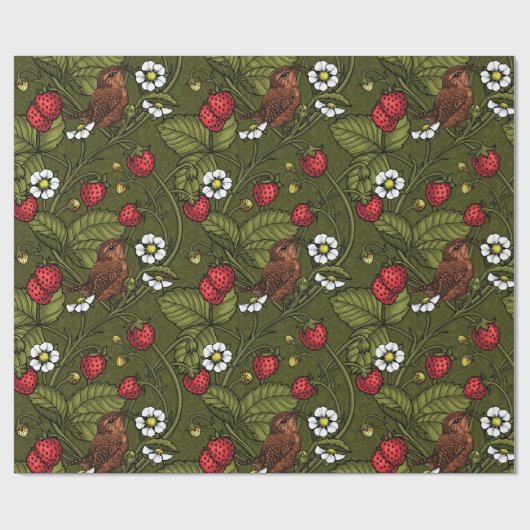 Wrens en aardbeien op donkergroen cadeaupapier (Vlak)