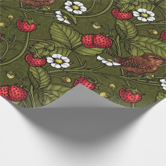 Wrens en aardbeien op donkergroen cadeaupapier (Hoek)