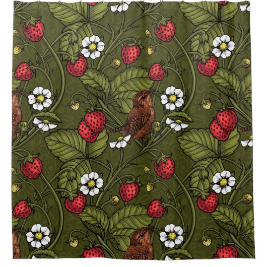 Wrens en aardbeien op donkergroen douchegordijn (Voorkant)