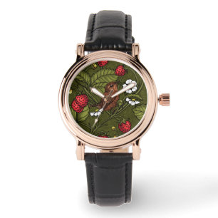 Wrens en aardbeien op donkergroen horloge