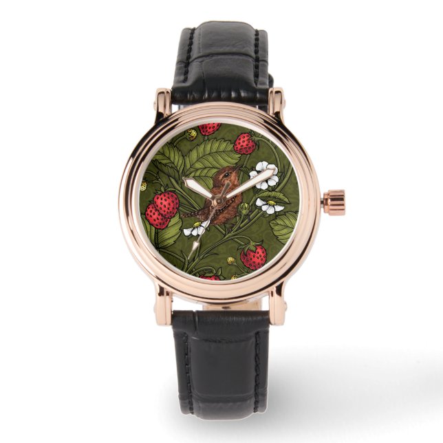 Wrens en aardbeien op donkergroen horloge (Voorkant)