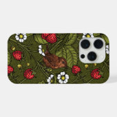 Wrens en aardbeien op donkergroen iPhone hoesje (Achterkant horizontaal)