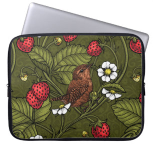 Wrens en aardbeien op donkergroen laptop sleeve