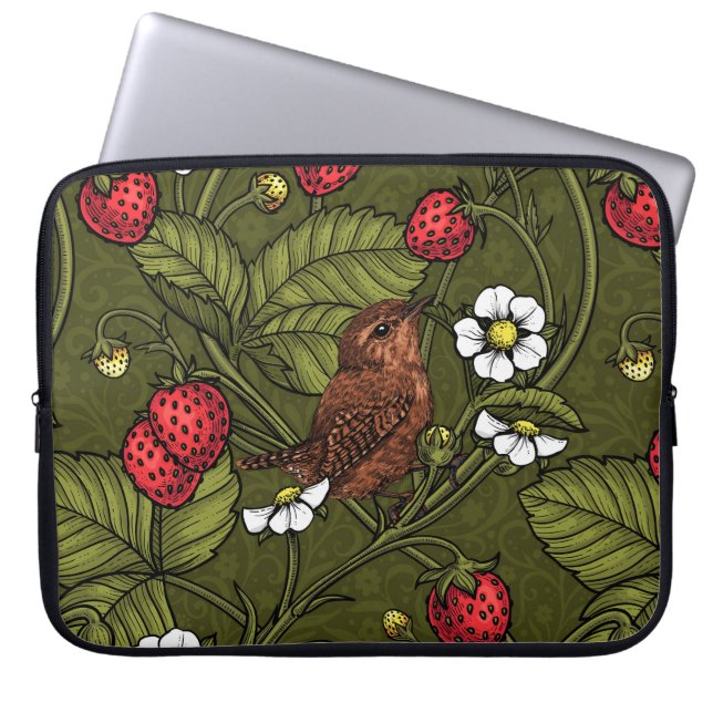 Wrens en aardbeien op donkergroen laptop sleeve (Voorkant)