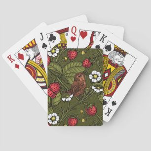 Wrens en aardbeien op donkergroen pokerkaarten