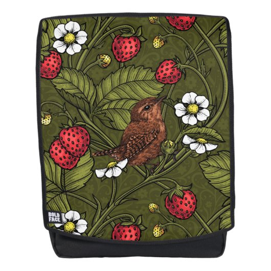 Wrens en aardbeien op donkergroen rugtassen (Voorkant)