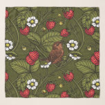 Wrens en aardbeien op donkergroen sjaal<br><div class="desc">Handgeschilderd patroonontwerp met aardbeien en moerassen</div>