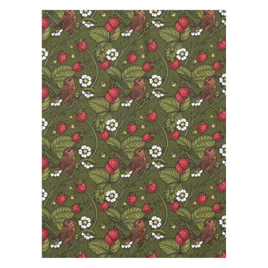 Wrens en aardbeien op donkergroen tafelkleed (Voorkant)