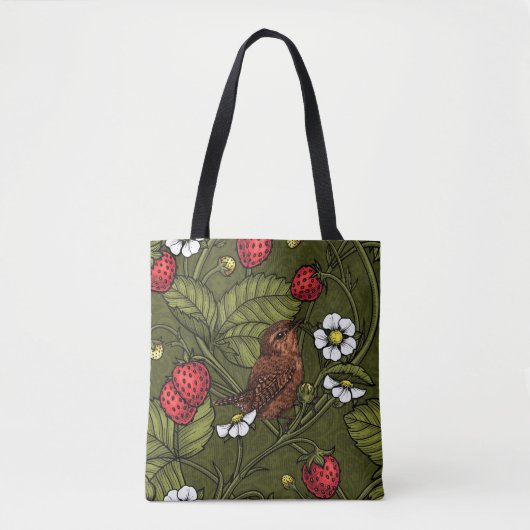 Wrens en aardbeien op donkergroen tote bag (Voorkant)