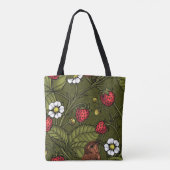 Wrens en aardbeien op donkergroen tote bag (Achterkant)