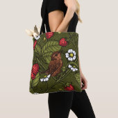 Wrens en aardbeien op donkergroen tote bag (Dichtbij)