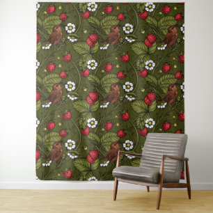 Wrens en aardbeien op donkergroen wandkleed