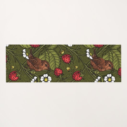 Wrens en aardbeien op donkergroen yogamat (Achterkant (horizontaal))