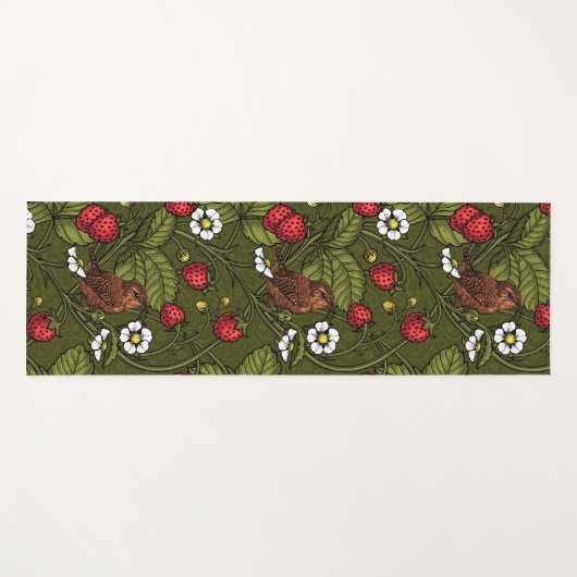 Wrens en aardbeien op donkergroen yogamat (Voorkant (horizontaal))