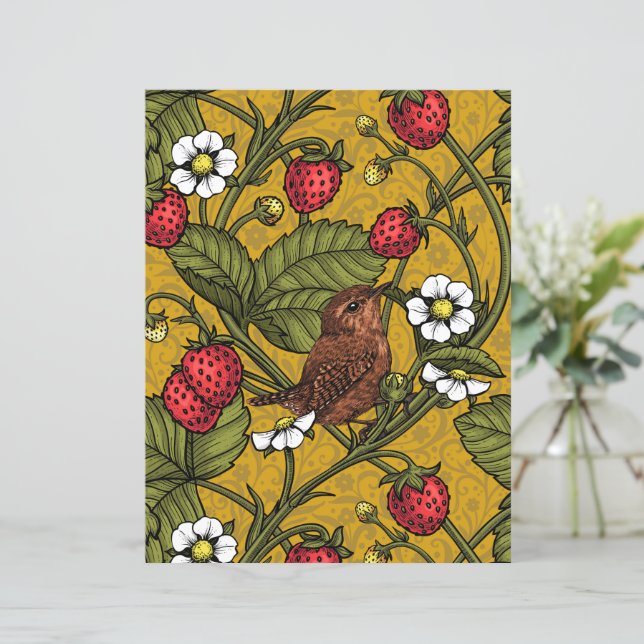Wrens en aardbeien op mosterd (Staand voorkant)