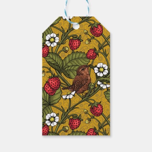 Wrens en aardbeien op mosterd cadeaulabel (Voorkant)