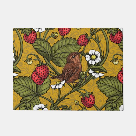 Wrens en aardbeien op mosterd deurmat (Voorkant)