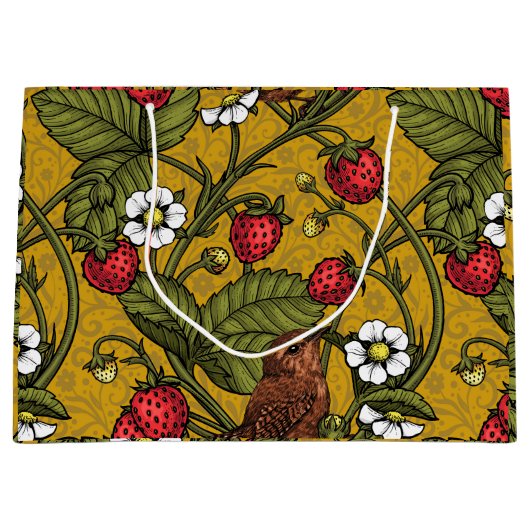 Wrens en aardbeien op mosterd groot cadeauzakje (Voorkant)
