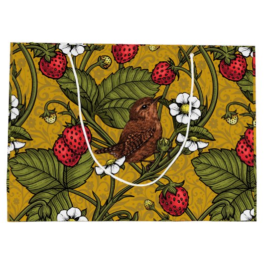 Wrens en aardbeien op mosterd groot cadeauzakje (Achterkant)