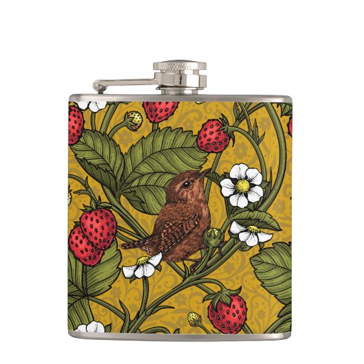 Wrens en aardbeien op mosterd heupfles (Voorkant)