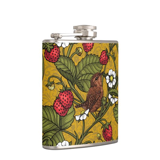 Wrens en aardbeien op mosterd heupfles (Rechts)