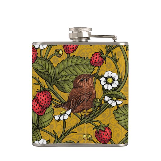 Wrens en aardbeien op mosterd heupfles (Achterkant)