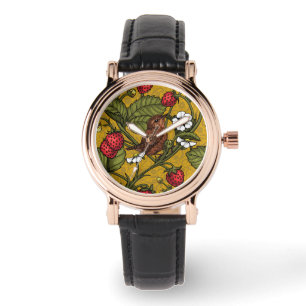 Wrens en aardbeien op mosterd horloge