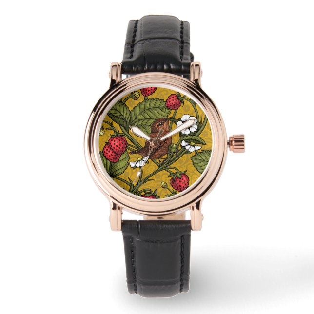 Wrens en aardbeien op mosterd horloge (Voorkant)