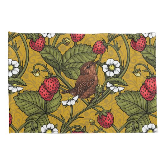 Wrens en aardbeien op mosterd kussensloop (Achterkant-Rechts)