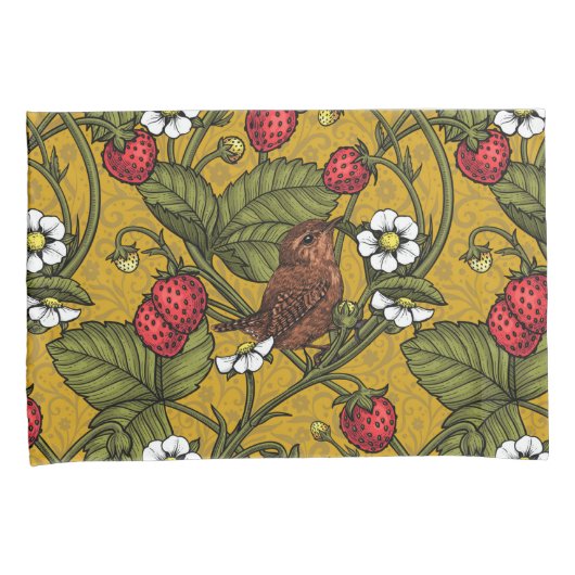 Wrens en aardbeien op mosterd kussensloop (Voorkant-Rechts)