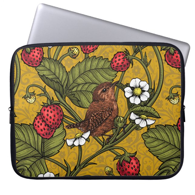 Wrens en aardbeien op mosterd laptop sleeve (Voorkant)