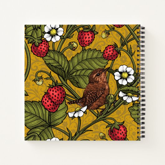 Wrens en aardbeien op mosterd notitieboek (Achterkant)