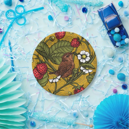 Wrens en aardbeien op mosterd papieren bordje (Feest)