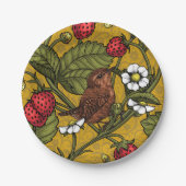 Wrens en aardbeien op mosterd papieren bordje (Voorkant)