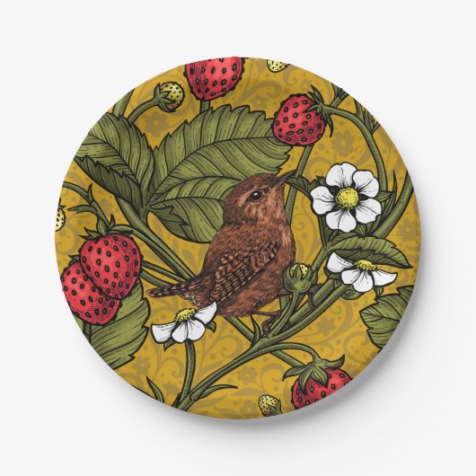 Wrens en aardbeien op mosterd papieren bordje (Voorkant)